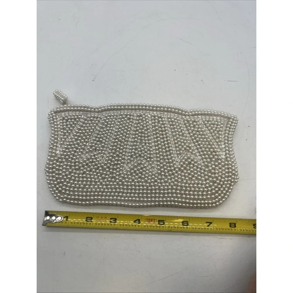 Vintage 1960s Ivory Cream Beaded‎ Small Clutch Zip Hand Made Japan Wedding